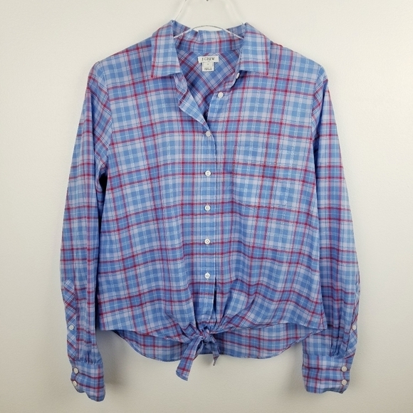 J. Crew Plaid Tie Front Button Front Top - Picture 1 of 8
